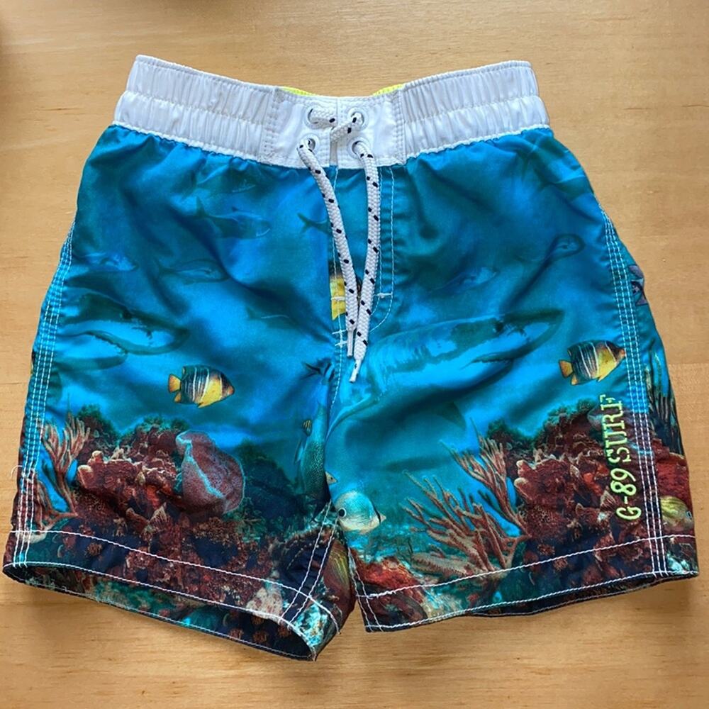 Gap Kids Boys Swim Trunks Underwater Reef Fish Blue Board Shorts (Size 2T)